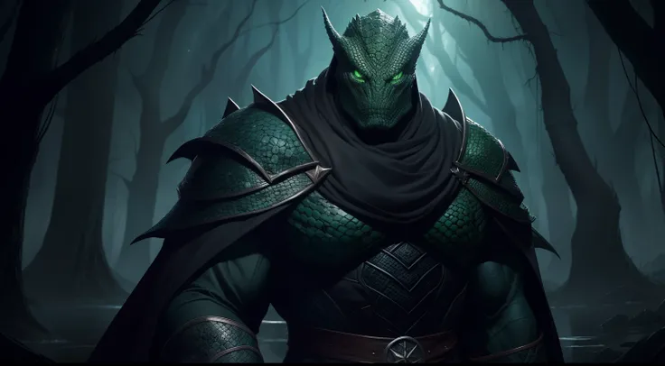 A handsome and handsome human man A villain for RPG A villain who has references to the essence of a reptile He is in a swamp with many magical gases. A dark forest This man is handsome and has some features that resemble reptiles He is from a cold-blooded...