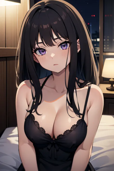 (masterpiece, best quality, highres, UHD, perfect pixel), Inoue Takina, Long hair, Bangs, Black hair, (Purple eyes:1.2), medium breasts, indoor, bedroom, dynamic pose, busty, perfect body, POV, close up, blushing, (cleavage), nightgown, black dress, natura...