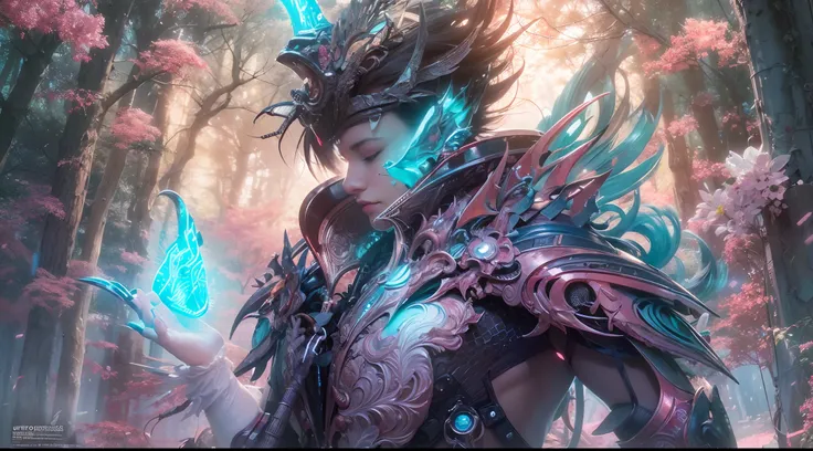 1boy, photo of very very handsome suave smiling young 25-year-old male Chinese prince, clothed in futuristic cybernetic armor, wearing a large futuristic crown, walking in an ethereal enchanted forest with neon glowing flowers and a rainbow in the sky, sci...