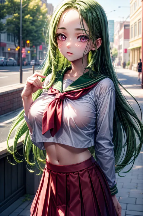 (masterpiece, CGI: 1.5), (bokeh), (best quality), (detailed skin pore texture: 1.1), (8k), (HDR), (wallpaper), (focus sharp)1 girl 20s, long hair, long bangs parted in the middle, with ((forehead)), short eyebrow, (((green hair))), (((pink eyes))), ((big b...