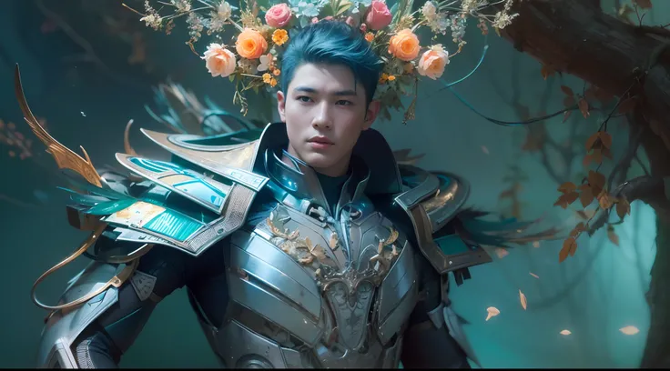 1boy, photo of very very handsome suave smiling young 25-year-old male Chinese prince, clothed in futuristic cybernetic armor, wearing a large futuristic crown, walking in an ethereal enchanted forest with neon glowing flowers and a rainbow in the sky, sci...