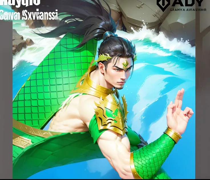 Boy, handsome, sixpack, green dragon armor,sea, realistic,ultra detail,black hair, Javanese warrior, ponytail hair.