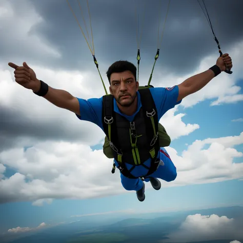 man looking at the camera parachuting open into horrible cloudy sky looking at the camera