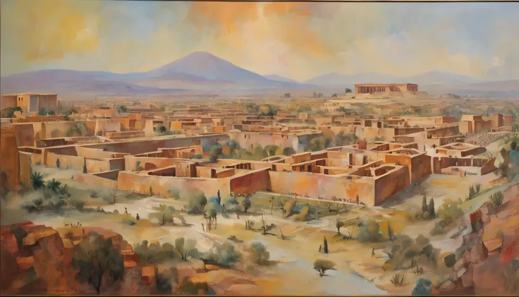 panoramic view, a city that is the mix between Athenas and Teotihuacan of the 5th century BC, style of Jacques-Louis David.