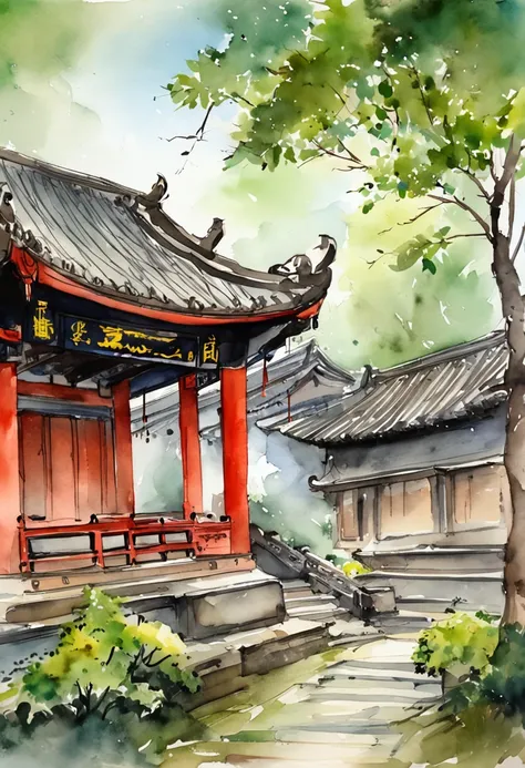 In a quaint Han Dynasty style temple，There are numerous buildings，The courtyard is covered with moss，There are many ancient trees outside the temple，There was a young monk cleaning the fallen leaves on the steps，There was a light rain in the sky，no sun