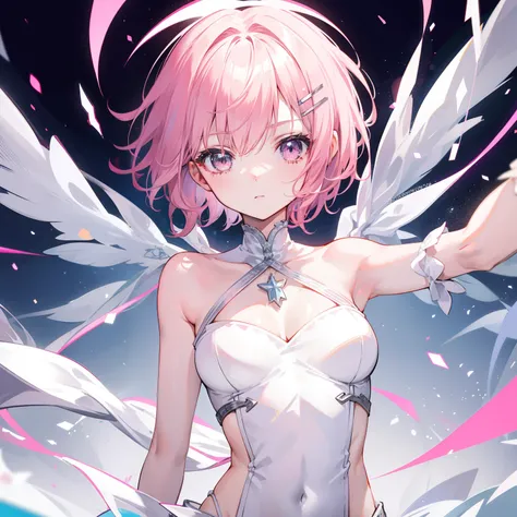 Short pink hair，The body is slender，Silver and white clothes are decorated with pink and a little yellow，Like a shining star，This is a girl with a soft voice in clips