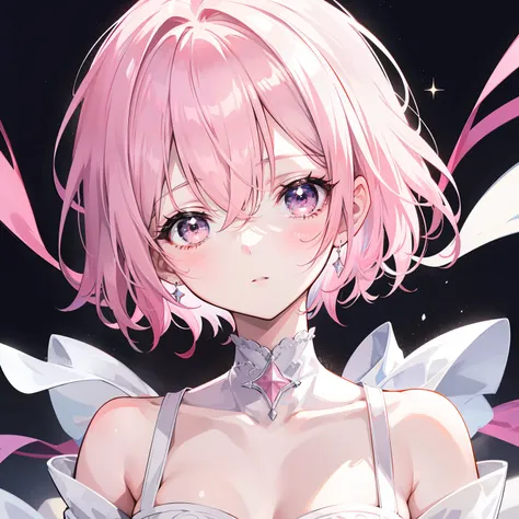 Short pink hair，The body is slender，Silver and white clothes are decorated with pink and a little yellow，Like a shining star，This is a girl with a soft voice in clips