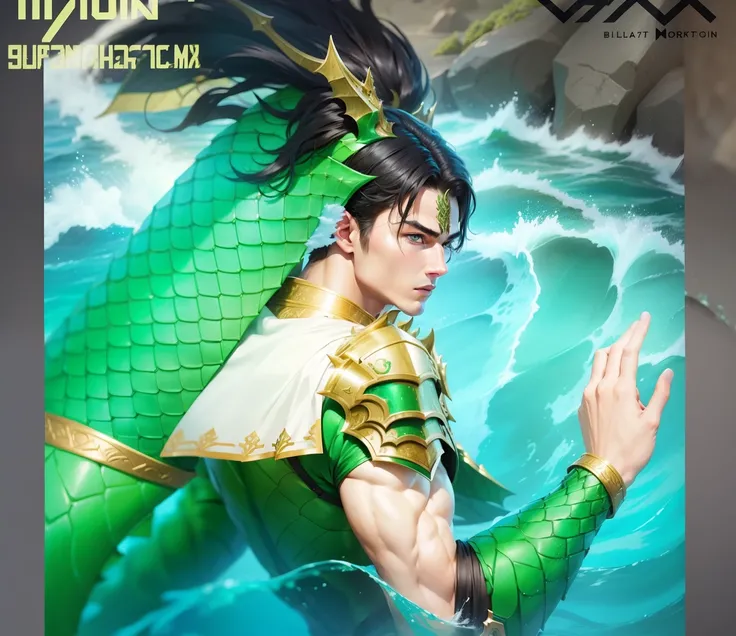 Boy, handsome, sixpack, green dragon armor,sea, realistic,ultra detail,black hair,