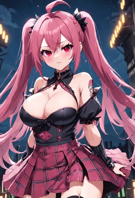 rock, 1girl, solo, Mitsuri Kanroji, dark pink makeup, pink lipsticks, breasts, skirt, large breasts, pink and green hair, long hair, twin ponytails, detailed eyes, wine red attire, sexy attire, spiked attire, black and red checkered skirt, spiked collar, s...