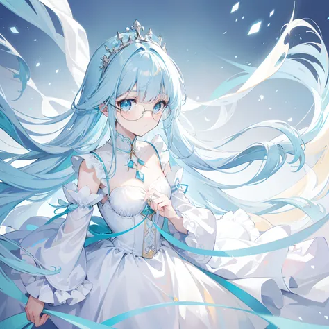 Long light blue hair，White glasses，All kinds of light blue with light yellow princess dresses look a little intellectually cute, pitiful and simple