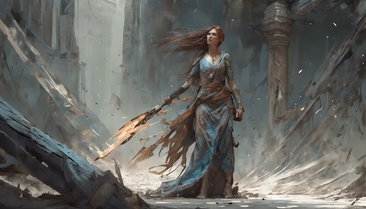 Warrior anime woman, fighting a specter, hidden chamber adorned with arcane runes, full body standing, Minimalist, unfinished, concept art, by Brian Froud and Carne Griffiths and Wadim Kashin and John William Waterhouse, intricate detail, 8k post-productio...