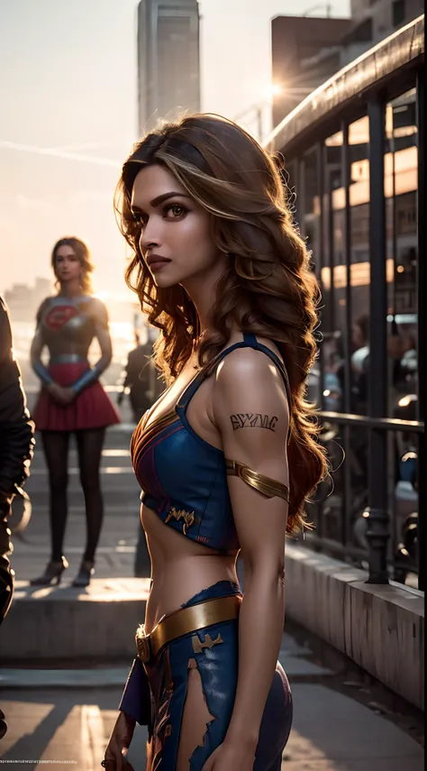 hyper realistic,((deepika padukone, loren gray, nina dobrev face)), as dc's supergirl, superhero pose, standing in city at sunse...