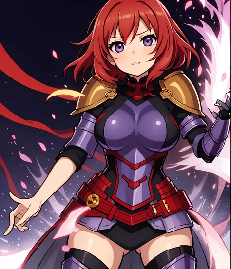 Nishikino maki, Purple eyes, red hair, short hair,(armor:1.2),Golden Armor , llchar,  upper body,solo, face close up,(big breasts:1.2),chibi