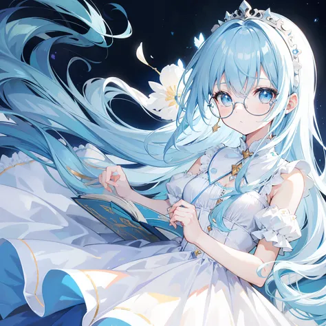 Long blue hair，White glasses，Various light blue with light yellow princess dresses look a little intellectual and cute, Poor and simple