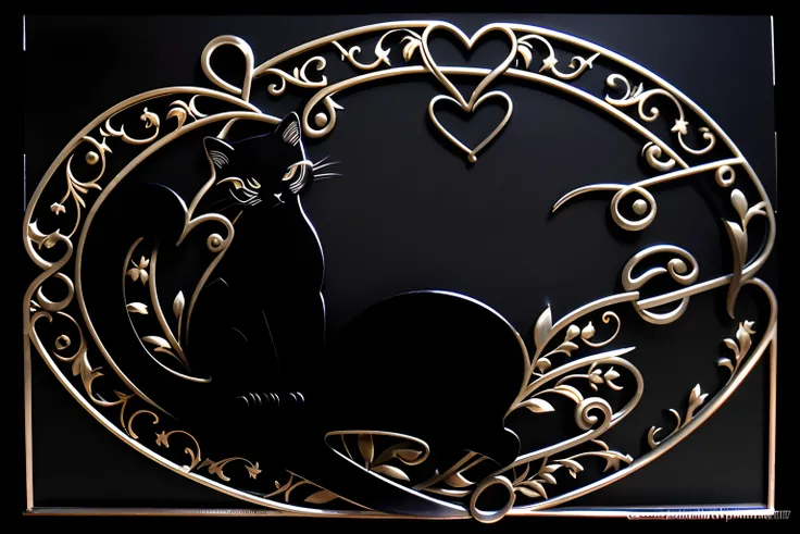 There is a black cat sitting on a decorative metal frame, moldura em filigrana, entwined hearts and spades, metal border, Backround preto. Inkscape, borda preta, borda de contorno branco, fronteira em filigrana, gothic harts, moldura rosa preta. d&d, Paine...