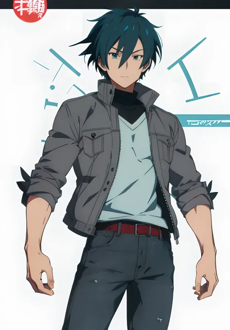 a drawing of a man in a gray jacket and jeans, teal undershirt, anime style character, full body portrait of a short!, anime style”, as an anime character, cel - shaded art style, in the style of akira, single character full body, black, masterpiece