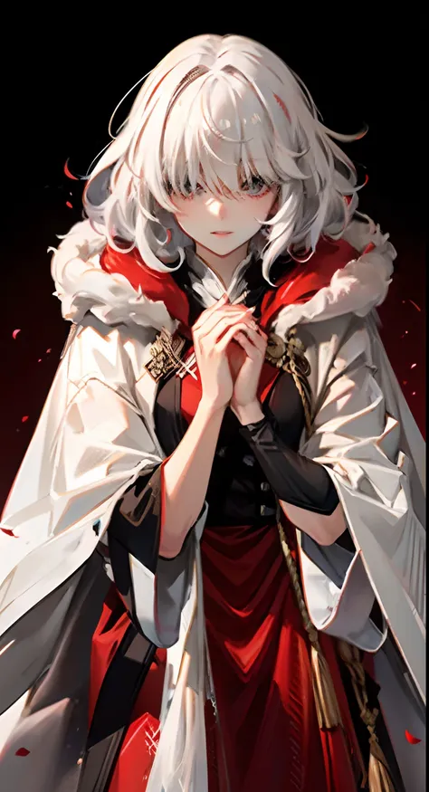 beautiful young woman, short white hair, short red hair, half of hair white, half of hair red, white hair half red, bangs, long bangs, bangs covering eyes, hair over eyes, thick white cloak, tall, hair covering eyes, short hair, bangs