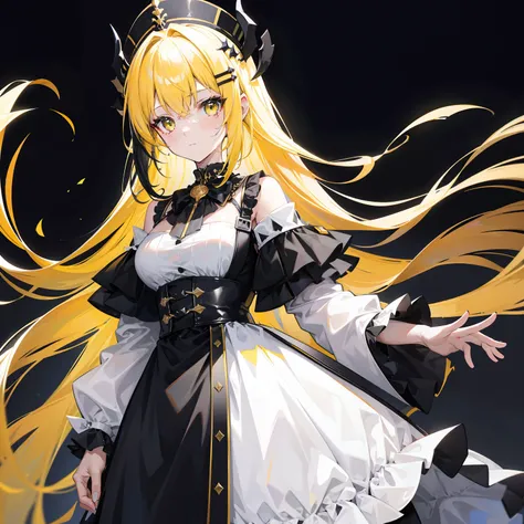 Black-yellow hair，There are white ornaments，Black gauze dress，She is an elite girl