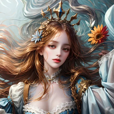 (absurdres, highres, ultra detailed), 1girl, solo, mature, (long hair), Baroque, dress, long sleeve, elegant, holy, colorful, highest detailed, portrait, close up, underwater, floating hair, flower