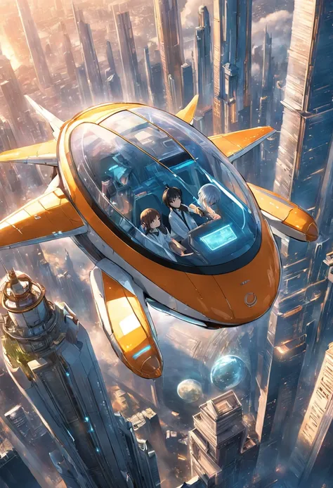 Carro futurista, designer oval, cabine transparente mostrando piloto, flying at altitude over a city with gleaming buildings on a planet illuminated by the midday sun, arte intrincada, detalhes precisos, fiction art, revista premiada, cinematic quality, 8K