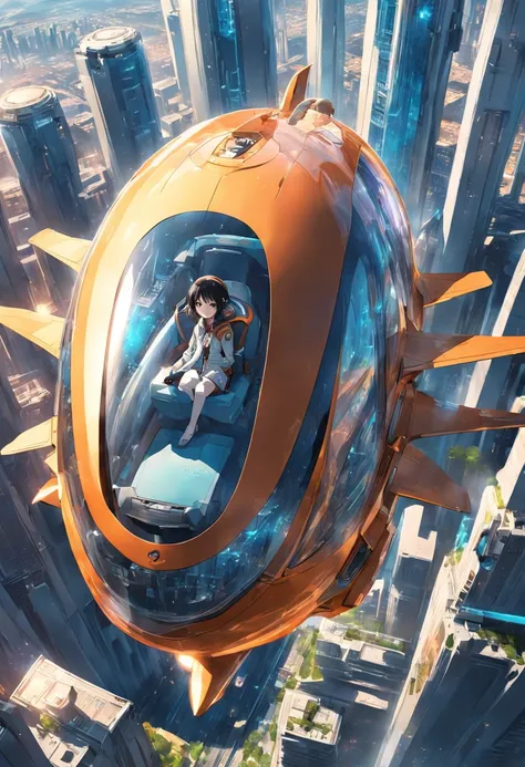 Carro futurista, designer oval, cabine transparente mostrando piloto, flying at altitude over a city with gleaming buildings on a planet illuminated by the midday sun, arte intrincada, detalhes precisos, fiction art, revista premiada, cinematic quality, 8K