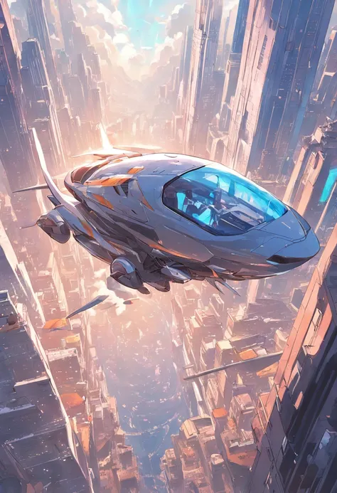 Carro futurista, designer oval, cabine transparente mostrando piloto, flying at altitude over a city with gleaming buildings on a planet illuminated by the midday sun, arte intrincada, detalhes precisos, fiction art, revista premiada, cinematic quality, 8K