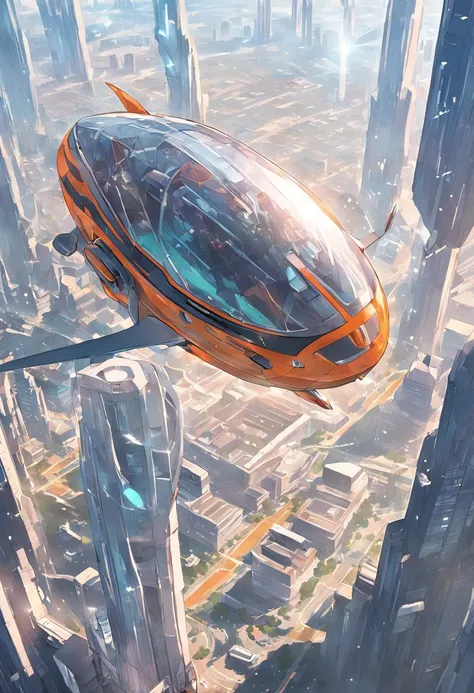 Carro futurista, designer oval, cabine transparente mostrando piloto, flying at altitude over a city with gleaming buildings on a planet illuminated by the midday sun, arte intrincada, detalhes precisos, fiction art, revista premiada, cinematic quality, 8K