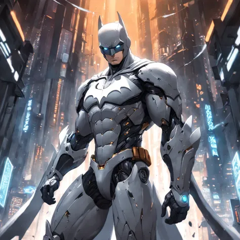 A realistic depiction of an advanced cybernetic suit wearing white Batman.