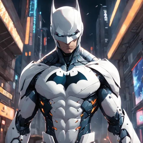 A realistic depiction of an advanced cybernetic suit wearing white Batman.