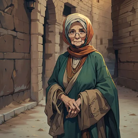 A sweet and gentle old woman wearing a xador, desert costume, traditional Islamic clothing, she is in a dark and deserted medieval city.