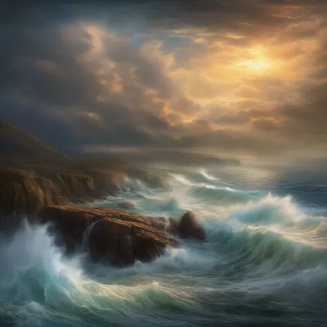 A turbulent storm raging over a vast expanse of ocean, the waves crashing against the rocky shoreline.