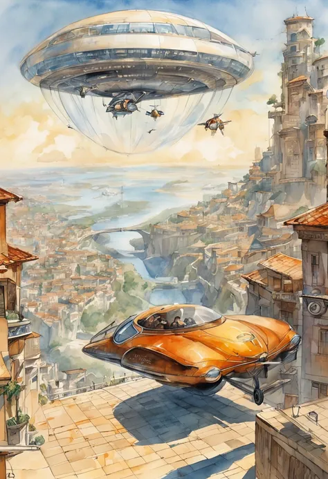 Carro futurista, designer oval, cabine transparente mostrando piloto, flying at altitude over a city with gleaming buildings on a planet illuminated by the midday sun, arte intrincada, detalhes precisos, fiction art, revista premiada, cinematic quality, 8K