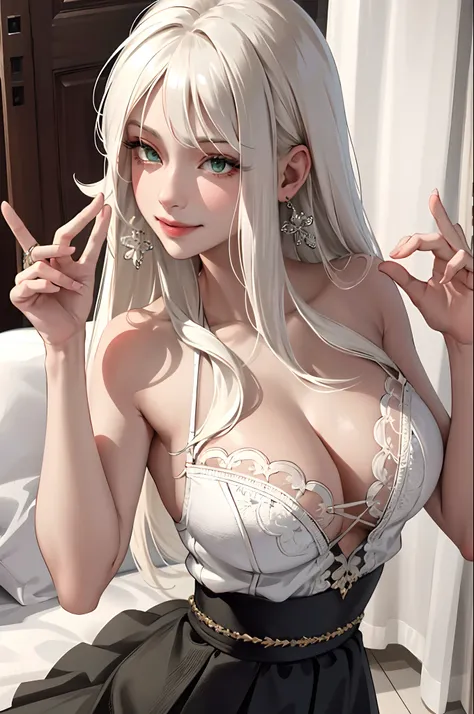 (masterpiece:1.2, best quality), (real picture, intricate details), 1lady, solo, upper body, casual, long hair, minimal makeup, natural fabrics, close-up face, smile, home, long light platinum blonde hair, bangs, green eyes, big breasts, big butt, skirt.