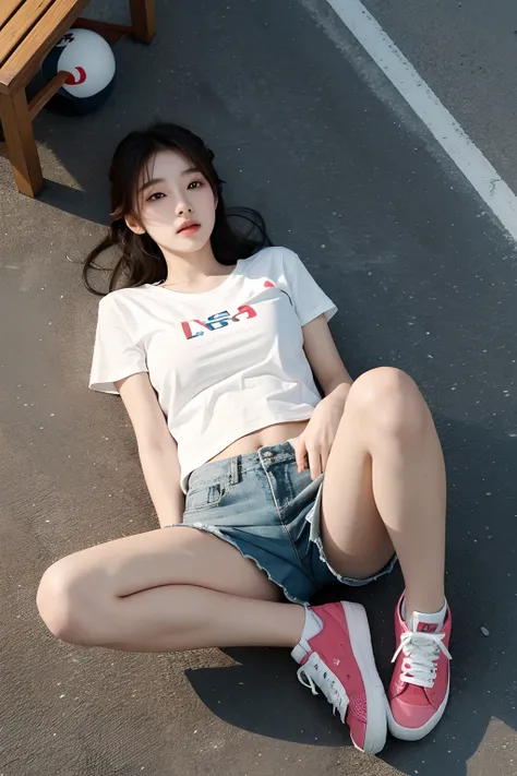 Korean girl lying on the ground，is wearing a shorts，Spread your legs