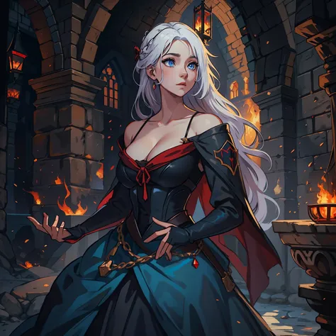 A beautiful woman with white hair and blue eyes, she is wearing a gorgeous princess dress, a black and red dress in a dark, medieval rocky castle with black walls, she is the princess of a kingdom and is in a shadowy castle, the dark castle has dark colors...