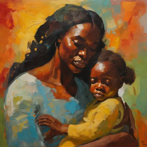 A closeup of mother holding an infant child in her arms, African, Negroid, african hair, Van Gogh style, (heavy brushstrokes:1.2), vibrant colors, (thick impasto:1.3), (angled composition:1.1), dramatic shadows, (dramatic lighting:1.2), peaceful atmosphere...