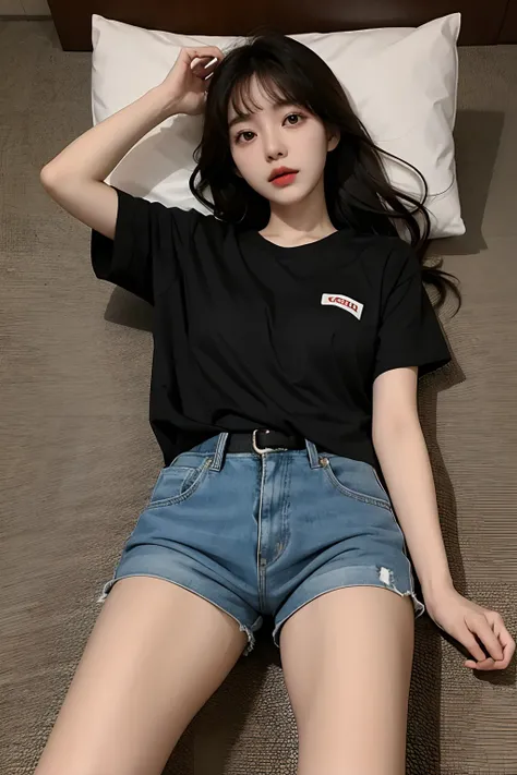 Korean girl lying on the ground，is wearing a shorts，Spread your legs