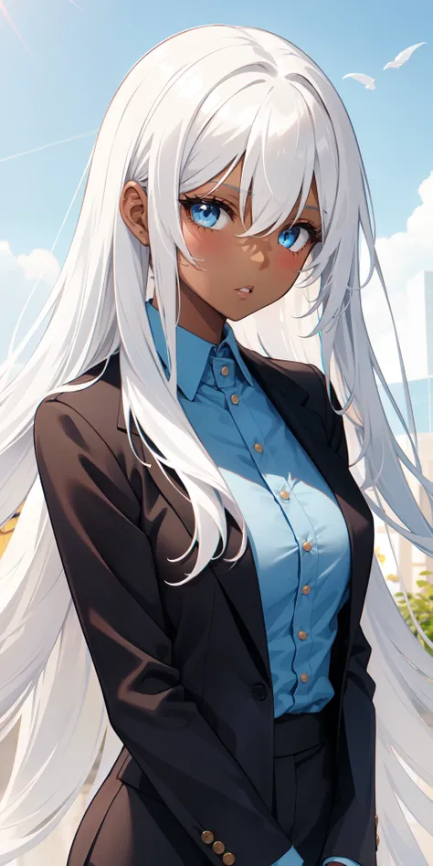 1 girl, brown skin, suit, long white hair, blue eyes,