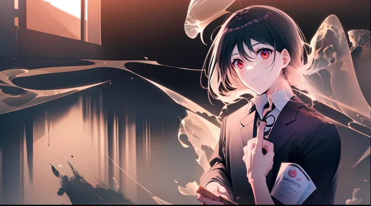 ((Primary work)), ((melhor qualidade)), High, (((((He has a pistol in his right hand holding it properly to shoot)))))), (((A boy with short black hair and red eyes))), ((((There is only one person)))), Kiyotaka Ayanokuji, ((((adolescente de 15 anos)))), (...