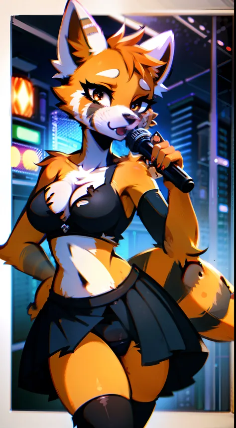 1girl, RetsukoCzar, (two-toned fur, orange fur, black eyes, whiskers, animal ears, racoon tail, striped tail, snout), (Black skirt, Torn Goth costume, Black Underwear), (karaoke bar), (masterpiece:1.2), hires, ultra-high resolution, 8K, high quality, (shar...