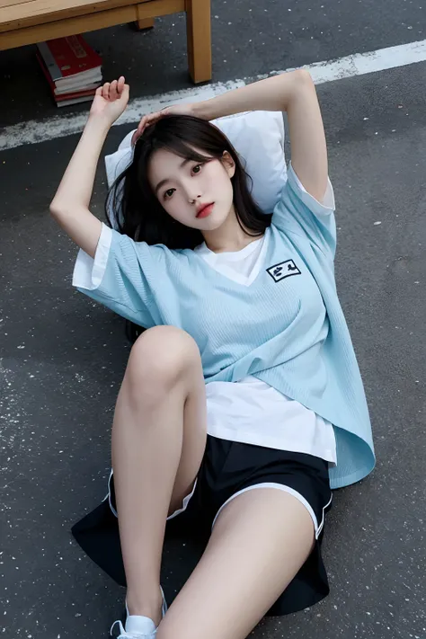 Korean girl lying on the ground，is wearing a shorts，Spread your legs