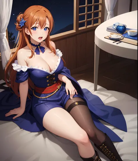 Kousaka honoka, blue eyes, masterpiece, best quality, (1girl:0.999), (breasts:0.959), (cleavage:0.939), (long hair:0.939), (hair ornament:0.932), (thighhighs:0.904), (boots:0.893), (strapless:0.838), (shorts:0.836), (thicc body), (large breasts:0.720), (co...