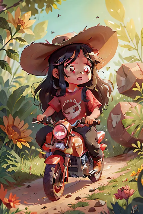 a little girl, 6 years old, with long black hair, vibrant brown eyes, wearing a jumpsuit, cowboy boots, cowboy hat and red t-shirt, riding a brown beautiful horse