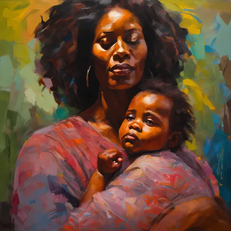 A closeup of mother holding an infant child in her arms, African, Negroid, african hair, Van Gogh style, (heavy brushstrokes:1.2), vibrant colors, (thick impasto:1.3), (angled composition:1.1), dramatic shadows, (dramatic lighting:1.2), peaceful atmosphere...