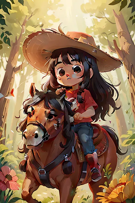 a little girl, 6 years old, with long black hair, vibrant brown eyes, wearing a jumpsuit, cowboy boots, cowboy hat and red t-shirt, riding a horse animal, with horse face