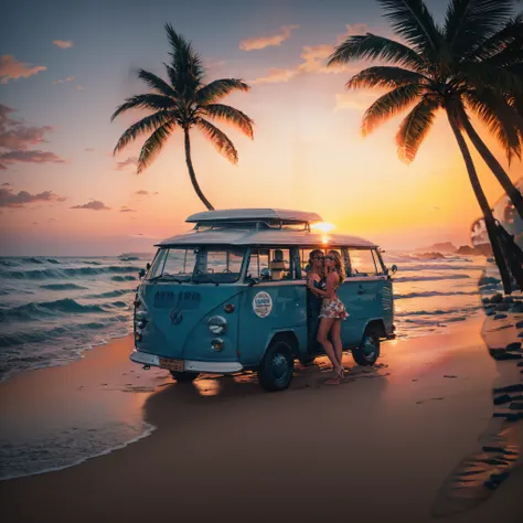 remove and repaint selected area with extreme quality according to the style of the image - surfers pose in vw van on the beach ...