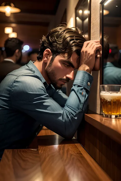 Homem de Arafed encostado em um bar com um copo de cerveja, sentado sozinho em um bar, portrait of an alcoholic, homem triste, sentado em um bar, sky high level of alcoholism, sentado no bar, homem bebendo cerveja, em um bar, beber no bar, em um bar, parec...