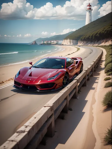 "Foto de uma (Ferrari vermelha parada) em frente a um (beautiful lighthouse by the sea). em uma tarde ensolarada, with blue skies and enchanting clouds."