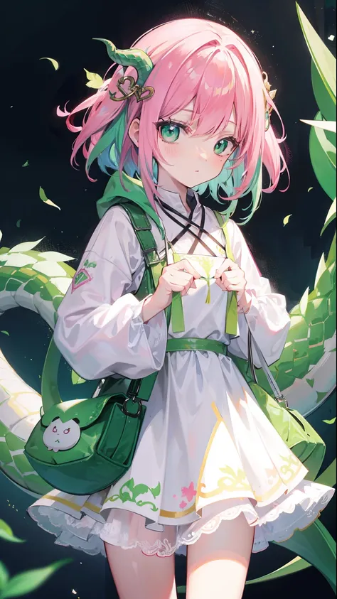 Contains pink hair with green，White and green plain clothes，It is a beautiful snake and dragon fairy