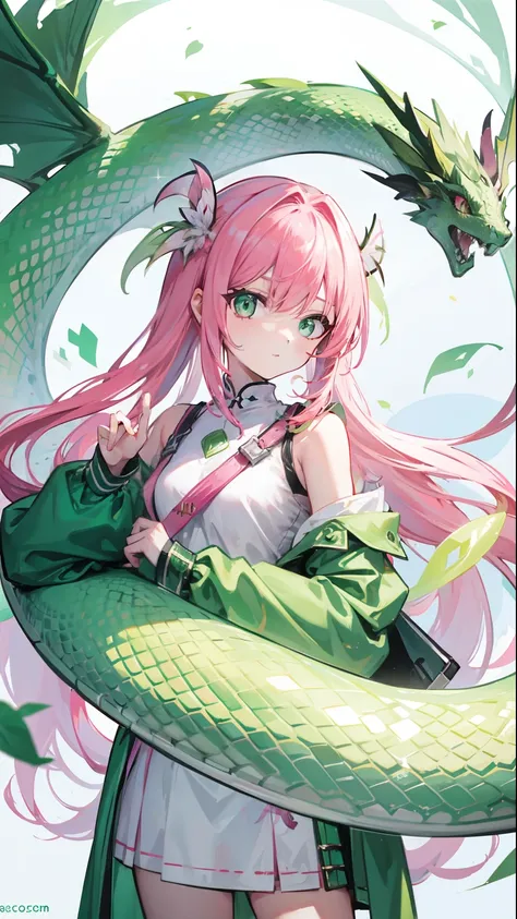 Contains pink hair with green，White and green plain clothes，It is a beautiful snake and dragon fairy